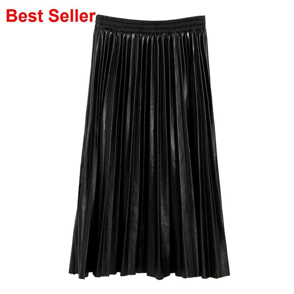 Faux Leather Elastic Waist Swing Flare Pleated Midi Skirt